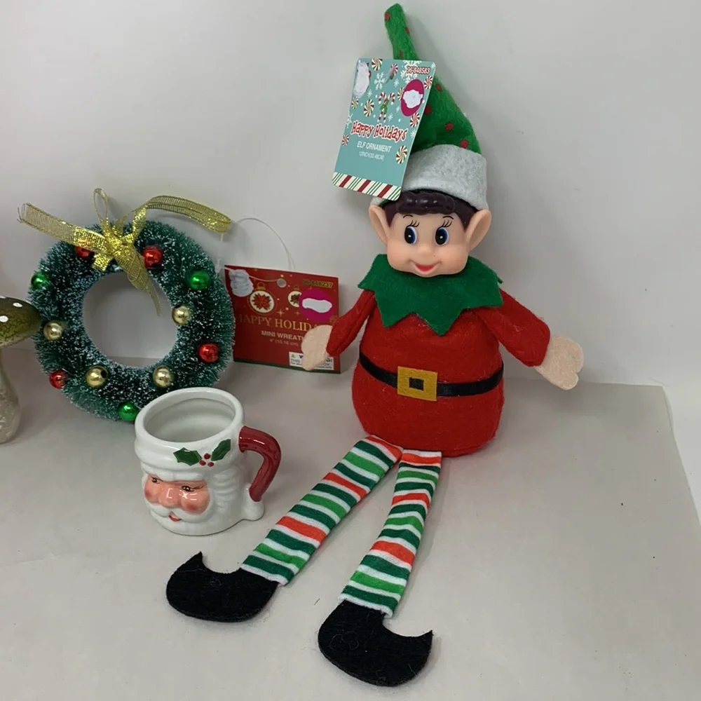 5 pc Christmas decor ornament lot Tree Wreath Elf Santa cup glass mushroom NEW - Picture 10 of 17